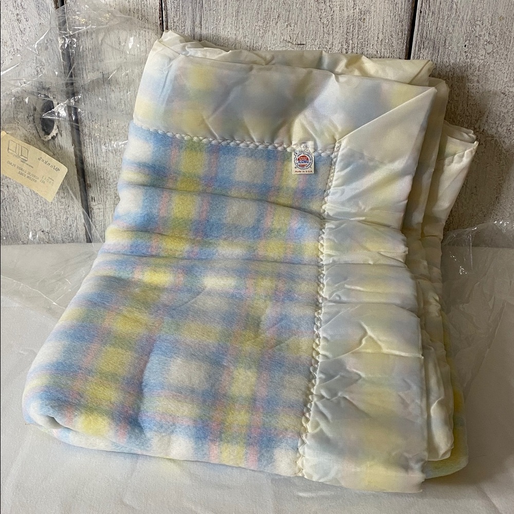 Vintage candy plaid acrylic baby blanket with nylon binding Pastel union made